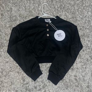 Princess Polly RISE & LOUNGE CROPPED HENLEY SWEATSHIRT BLACK